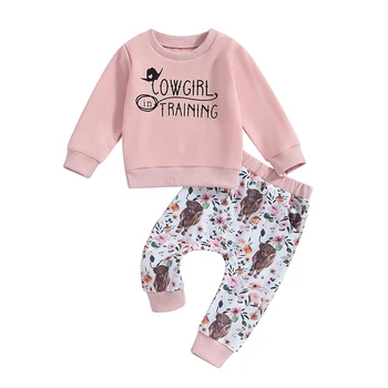  Осенне-зимняя одежда в западном стиле для младенцев и малышей, толстовка с круглым вырезом для девочки, топ, Повседневные брюки, комплект