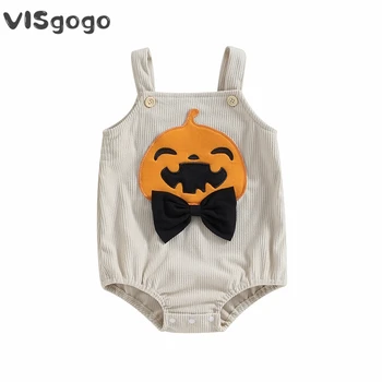  VISgogo/ Вельветовые комбинезоны для маленьких девочек и мальчиков, одежда на Хэллоуин, Комбинезоны с лямками без рукавов с рисунком Тыквы, Боди для новорожденных малышей