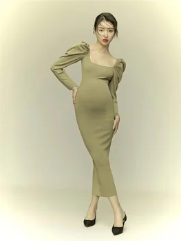  Женский реквизит для фотосъемки, платья для беременных, Вязаные платья для беременных с длинными рукавами и квадратным вырезом, Элегантная одежда для студийной фотосессии в Корейском стиле