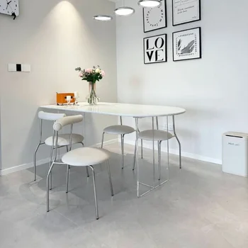  Подвесной обеденный стол с каменной плитой, Овальный Обеденный стол для маленькой квартиры, Минималистичный Белый Прозрачный Обеденный стол в бесшумном стиле