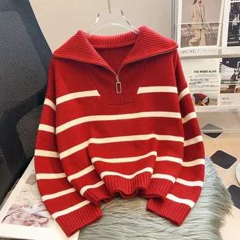  Повседневный вязаный свитер в полоску, Весенне-осенний модный винтажный пуловер на молнии, женские короткие топы, свободные шикарные свитера