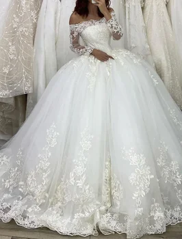  Бальное платье с длинными рукавами, винтажное свадебное платье со шлейфом с открытыми плечами, Vestido De Noiva, бальное платье больших размеров, пышные свадебные платья