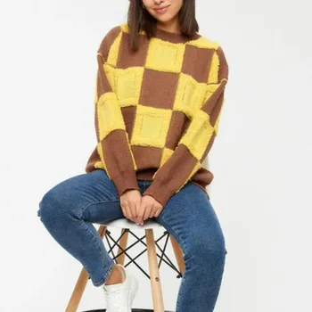  Женский свитер 2023, осень/Зима, новый повседневный пуловер в клетку с круглым вырезом и длинным рукавом, вязаный в шахматном порядке.