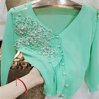 Летняя женская одежда Heavy industry, солнцезащитный кардиган со стразами, объемная зеленая верхняя одежда с v-образным вырезом