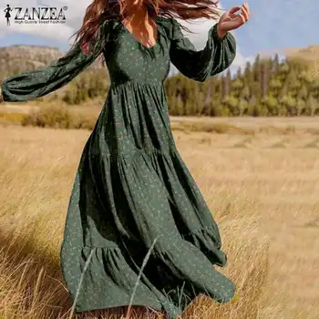  Женский осенний сарафан ZANZEA 2023, модное платье Макси с рюшами, повседневная туника с пышными рукавами, Vestidos, халат с цветочным принтом.