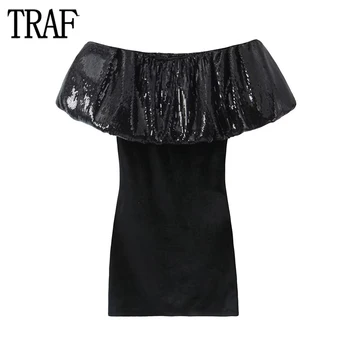  TRAF Черное мини-платье с пайетками, женские бархатные короткие платья для женщин, вечерние платья с открытыми плечами, женское сексуальное женское платье с открытой спиной