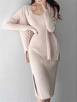  Комплект из двух предметов, женская зимняя одежда, толстое вязаное элегантное однотонное осеннее Корейское платье-свитер + кардиган, пальто-свитер, женский трикотаж