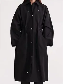  Куртка для женщин 2023 года, новинка, осень-зима, отложной воротник, однобортное повседневное пальто средней длины с капюшоном и завязками