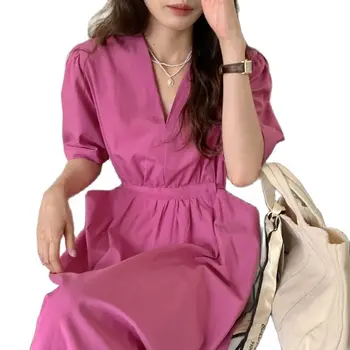  Корейское модное женское платье Розового, зеленого, серого цвета с глубоким V-образным вырезом, короткими рукавами, высокой талией, свободными платьями с боковыми карманами