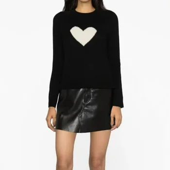 Новый осенний Женский пуловер с рисунком сердца на груди, свитер с круглым вырезом для женщин