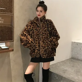  Зимняя куртка 2023 года, женские свободные пушистые пальто большого размера, женская винтажная леопардовая верхняя одежда на молнии с воротником-стойкой, женская повседневная уличная одежда