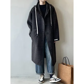  Роскошное шерстяное пальто в клетку для женщин, Корейское модное пальто из шерсти и смесей, Осенне-зимнее новое свободное шерстяное пальто с капюшоном