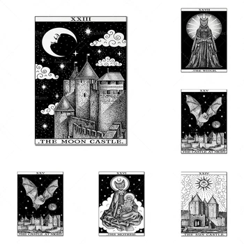  Иллюстрации вселенной Луны Таро, летучие мыши, пролетающие над Каркассонским замком, ретро-плакаты Таро, изображения кошек и котят в