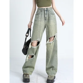  Винтажные Зеленые женские джинсы с высокой талией, ветхая уличная одежда американской моды, широкие джинсовые женские брюки, прямые джинсовые брюки