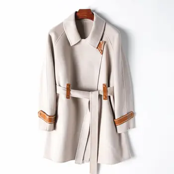  Новое двустороннее шерстяное пальто на шнуровке из 100% высококачественной шерсти 2023, осенне-зимнее женское шерстяное пальто