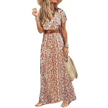  Женское платье в пляжном стиле с V Образным вырезом и коротким рукавом, пояс с цветочным принтом Пейсли, Большой Подол, Длинное платье Maxe, женское платье