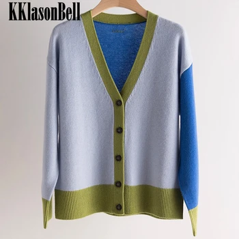  12.8 KKlasonBell Классический кашемировый вязаный кардиган контрастного цвета с V-образным вырезом и буквенной вышивкой, свитер женский