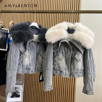  2023 Новая зимняя одежда, меховое пальто с воротником из искусственного меха лисы Оверсайз, пуховик, короткое джинсовое модное теплое пальто с длинными рукавами