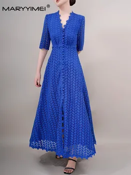  Модное дизайнерское летнее женское платье MARYYIMEI с V-образным вырезом и короткими рукавами, тонкие элегантные кружевные платья в стиле пэчворк