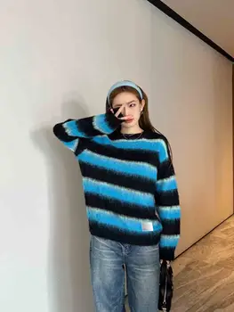  Сладкий темперамент девушек 2024, Новый свободный мохеровый свитер в радужную полоску, женский пуловер, вязаный спицами