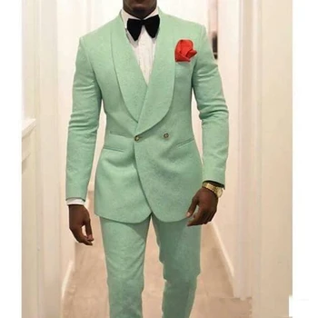  Мятно-зеленые мужские костюмы Жениха, свадебная официальная одежда, шаль с лацканами, Приталенный мужской блейзер для выпускного вечера, комплект из куртки и брюк