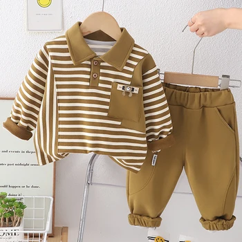  Новый весенне-осенний повседневный комплект одежды для мальчиков, рубашка в полоску с длинными рукавами и рисунком Медведя + брюки, детский костюм из 2 предметов