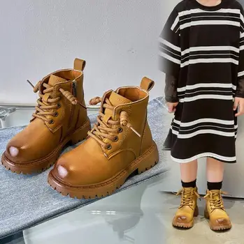  2023 Детские теплые ботинки Зимние Новые мальчики Плюс Зимние ботинки Хлопчатобумажные зимние ботинки для девочек Водонепроницаемые Полусапожки Детские кожаные ботинки
