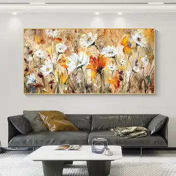  Оранжево-белый цветочный пейзаж, картина маслом на холсте, большая абстрактная современная цветочная картина маслом ручной работы, настенное искусство в гостиной