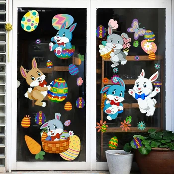  Наклейки на окно с Пасхальным кроликом Цветные наклейки на стекло в виде яйца Кролика Пасхальное украшение для дома Наклейка на стену Подарки для Счастливой Пасхальной вечеринки