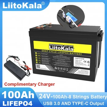  LiitoKala 24V/25.6v 100AH LiFePO4 Литиевая Батарея USB3.0 Type-C Выход для Инвертора Аккумуляторов Автомобильных прикуривателей 29.2V Зарядное Устройство Tax Free