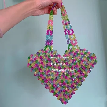  Милая многоцветная сумка с персиковым сердечком, новая мода, женские сумки ручной работы, расшитые бисером, сумочка, подарок на День Святого Валентина