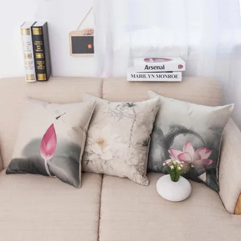  Китайская живопись тушью, Цветок Лотоса, украшение комнаты для чтения, чехол для подушки для стула, Хлопчатобумажная Льняная подушка для дивана, автомобильные подушки