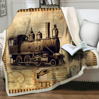  Винтажное 3D-одеяло Train, Пушистое Мягкое Фланелевое Плюшевое покрывало для кровати, дивана, домашнего декора, портативного одеяла для путешествий и пикника, ворсового чехла