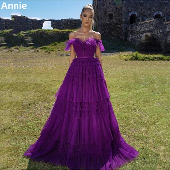  Сексуальные и очаровательные платья для выпускного вечера с открытыми плечами Annie, Элегантное темно-фиолетовое вечернее платье Vestidos De Noche 2023, Многослойное с оборками.