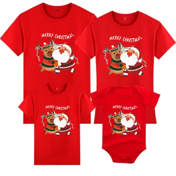  Рождественские семейные комплекты, одежда для мамы и дочки, Хлопковая футболка с короткими рукавами и мультяшным принтом для взрослых и детей, детский комбинезон