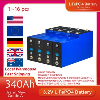  4-48шт Аккумулятор LiFePO4 3.2V 340Ah с Гибкой Шиной DIY 12V 24V 48V Аккумуляторная Батарея Для Хранения Солнечной Энергии EU US Tax Free