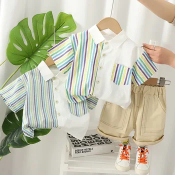  Летняя новая одежда для мальчиков, комплекты детской одежды, полосатые рубашки + шорты, костюмы для младенцев, детская одежда, комплекты на День рождения 1-го ребенка