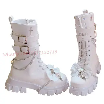  Белые сапоги-бабочки, женская мода, Металлическая цепочка, Мотоциклетные ботинки на высоком каблуке с круглым носком, Крутая обувь на толстой подошве для девочек