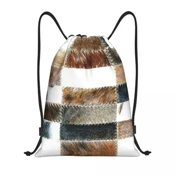  Изготовленная на Заказ сумка на шнурке с текстурой пэчворка из воловьей кожи, Мужская Женская Легкая сумка из кожи животных, рюкзак для хранения в спортивном зале