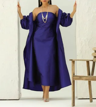  Винтажные короткие синие вечерние платья из атласа без бретелек с рукавом-футляром, вечернее платье чайной длины с длинным рукавом для женщин