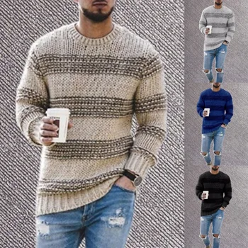  Осень/ Зима 2023, Новый мужской свитер в полоску, приталенный вязаный топ с круглым вырезом и длинным рукавом, мужской свитер