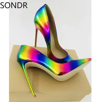  Женские туфли-лодочки с острым носком, туфли на шпильках радужного цвета, туфли на высоком каблуке с низким верхом из лакированной кожи 12 см, большие размеры, 10 цветов, сексуальные