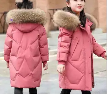  Зимняя теплая куртка для девочек, удлиненная куртка с большим меховым воротником, съемная шапка, плотное пальто с капюшоном для детей 3-14 лет
