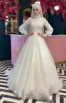  Скромные мусульманские свадебные платья с высоким воротом и длинными рукавами, кружева, жемчуг, Исламский хиджаб, свадебные платья, Арабский халат 2024