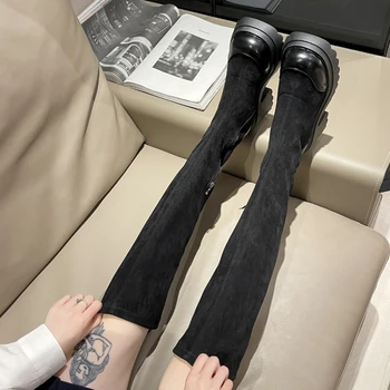  Черные длинные сапоги, Женская Кожаная Роскошная Дизайнерская Обувь для Женщин, Новинка 2023 года, Элегантные Сапоги выше колена на платформе, Женские сапоги на высоком каблуке