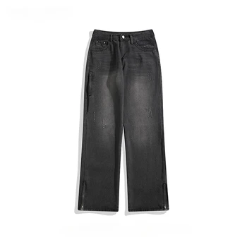  Американские нишевые джинсы с разрезом наполовину на молнии, мужской модный бренд, Уличная стирка, Свободные повседневные Универсальные прямые джинсовые брюки, мужская одежда
