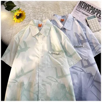  Крутая рубашка из ледяного шелка, мужская летняя мода, Брендовый дизайн, Продвинутая Градиентная роспись тушью, Универсальная свободная рубашка для пары