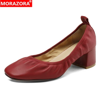  MORAZORA Ins, хит продаж 2023 года, новые туфли из натуральной кожи, женские слипоны на высоком квадратном каблуке, женские вечерние модельные туфли, модная женская обувь