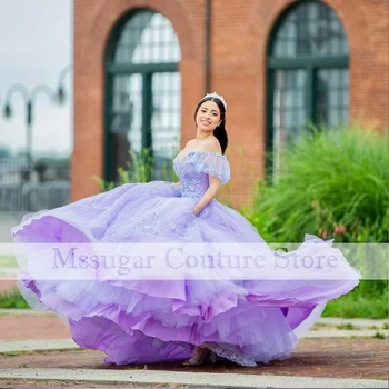  2022 Удивительные Фиолетовые Пышные платья с открытыми плечами, Бальное платье с аппликацией, Длинное платье Sweet 16, Vestidos
