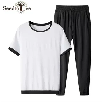  Мужской комплект, летняя однотонная лоскутная футболка с коротким рукавом и круглым вырезом, повседневные брюки с эластичной резинкой на талии, костюм-двойка